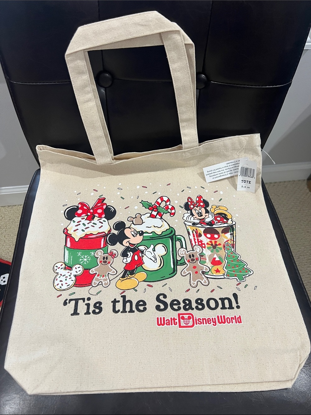 Disney Cream Canvas Holiday Tote with Red, Green and Black Print